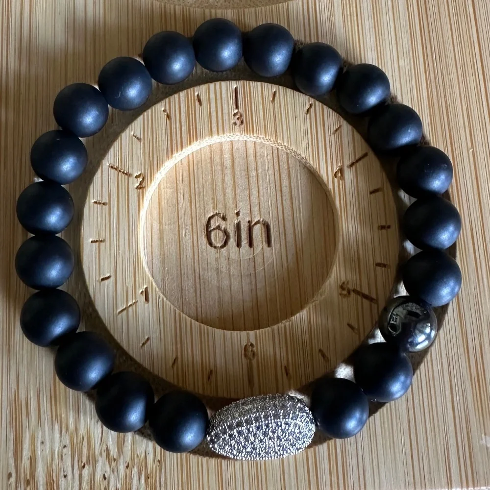 Matte 8mm Onyx w/ Hematite Stretch Bracelet & Pave Silver Crystal Spacer
